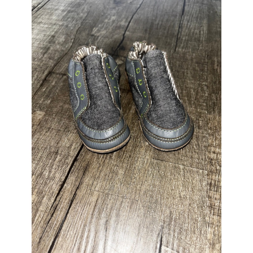 Robeez Baby Boys Grey Leather Denim Soft Sole Crib Shoes Lime Green Accents